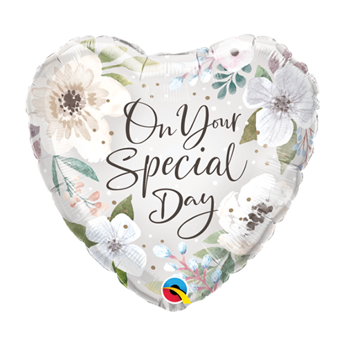 DISC 45cm Wedding Special Day White Floral Foil Balloon #10489 - Each (Pkgd.) 