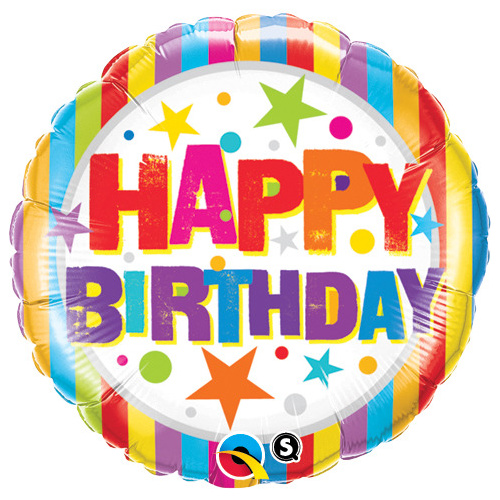 45cm Round Foil Birthday Stripes & Stars #16770 - Each (Pkgd.) 
