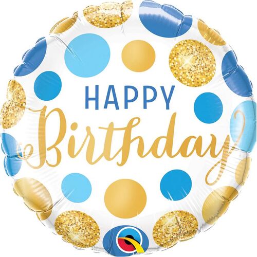 45cm Round Foil Birthday Blue & Gold Dots #18871 - Each (Pkgd.) 