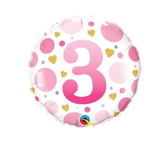 45cm Round Foil Age 3 Pink Dots #23124 - Each (Pkgd.) 