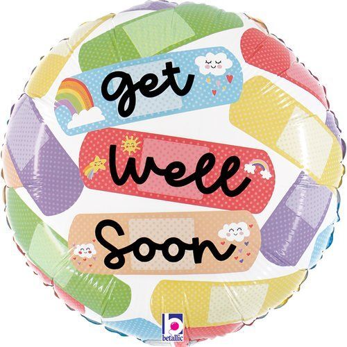 22cm Cheerful Get Well Bandaids Foil Balloon #2522222AF - Each (Inflated, supplied air-filled on stick