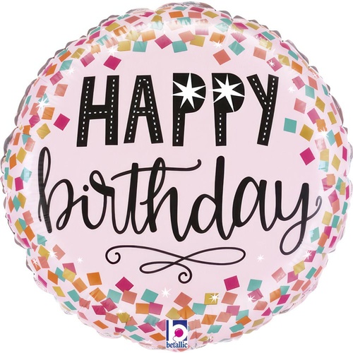 22cm Round Birthday Pink Confetti Foil Balloon #2522283AF - Each (Inflated, supplied air-filled on stick)