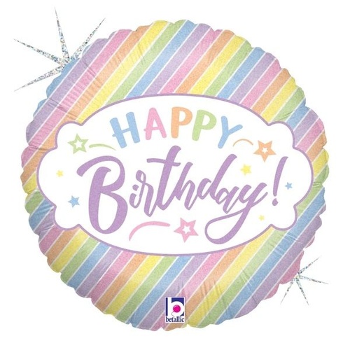 22cm Round Birthday Pastel Holographic Foil Balloon #2532961AF - Each (Inflated, supplied air-filled on stick)