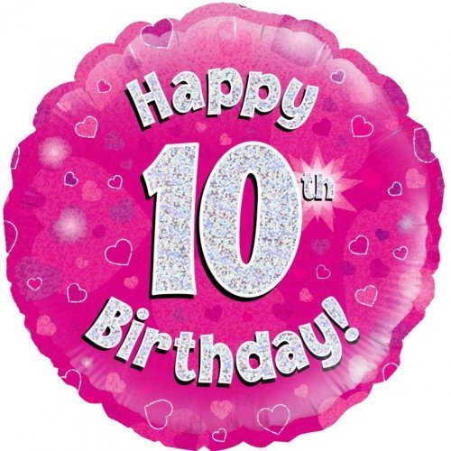 45cm Round Happy 10th Birthday Pink Holographic Foil Balloon #30210470 - Each (Pkgd.) 