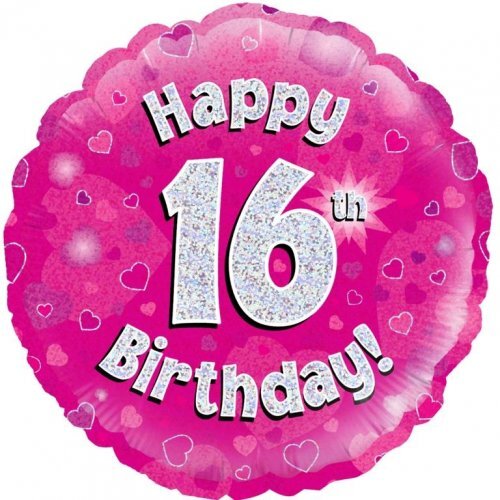 45cm Round Happy 16th Birthday Pink Holographic Foil Balloon #30210476 - Each (Pkgd.)