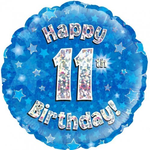 45cm Round Happy 11th Birthday Blue Holographic Foil Balloon #30210501 - Each (Pkgd.) 