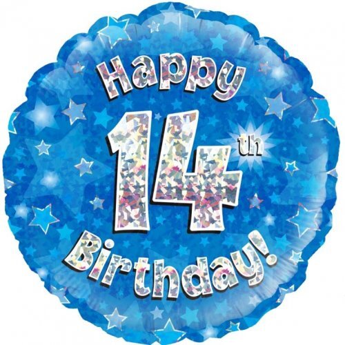 45cm Round Happy 14th Birthday Blue Holographic Foil Balloon #30210504 - Each (Pkgd.)