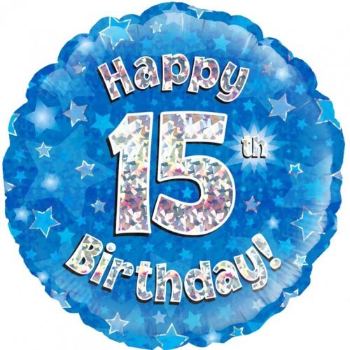 45cm Round Happy 15th Birthday Blue Holographic Foil Balloon #30210505 - Each (Pkgd.)