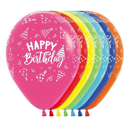 30cm Round Assorted Happy Birthday Hats Sempertex Latex #30221200 - Pack of 50