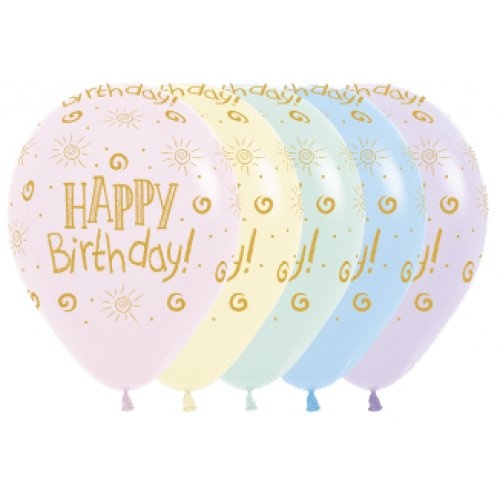 30cm Round Matte Pastel Happy Birthday Sunshine Assorted Gold Print #30222354 - Pack of 50