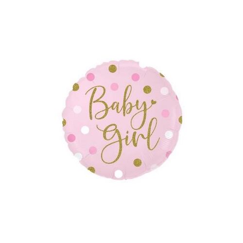45cm Round Foil Sparkling Baby Girl Dots Holographic #30OT228106 - Each (Pkgd.)