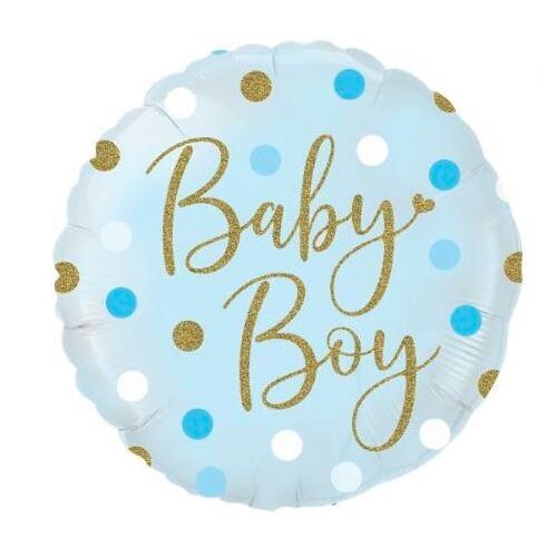 45cm Round Foil Sparkling Baby Boy Dots Holographic #30OT228113 - Each (Pkgd.)