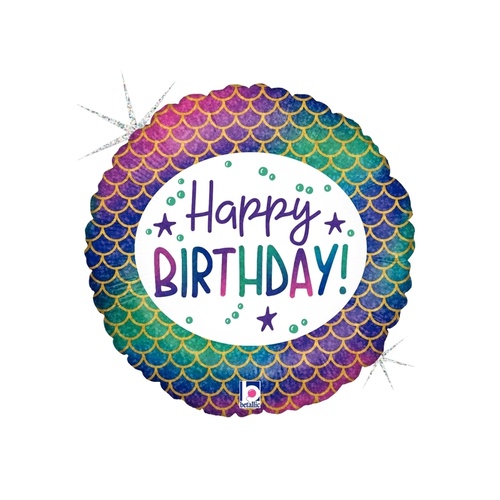 45cm Round Glitter Birthday Mermaid Holographic Foil Balloon #36854GH - Each (Pkgd.) 
