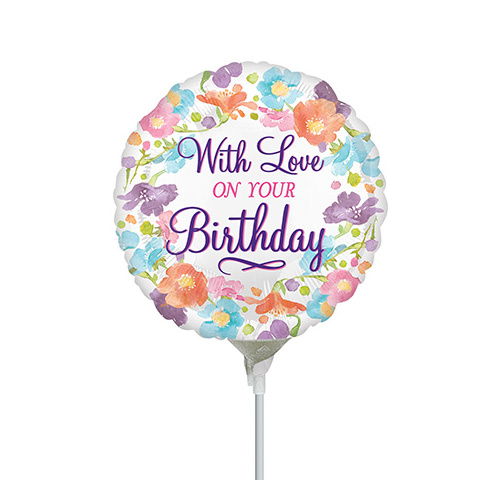 10cm Birthday With Love Foil Balloon #4035583AF - Each (Inflated, supplied air-filled on stick) TEMPPORARILY UNAVAILABLE