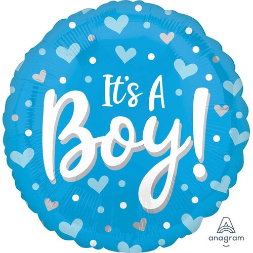 45cm Round It's A Boy Hearts & Dots Foil Balloon #4041426 - Each (Pkgd)