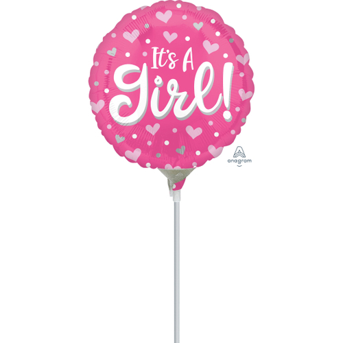 22cm It's A Girl Hearts & Dots Foil Balloon #4041428AF - Each (Inflated, supplied air-filled on stick)