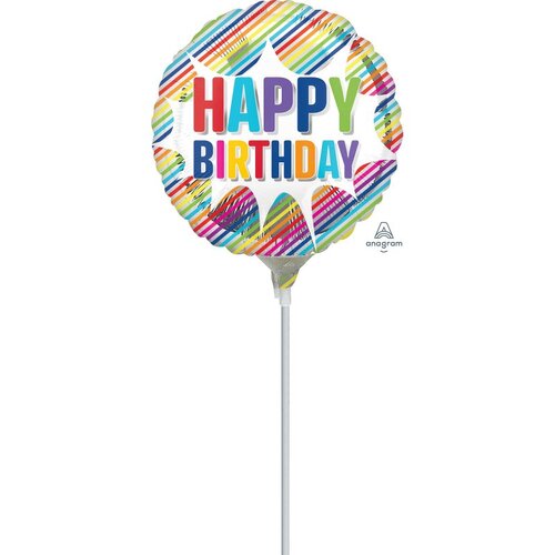 22cm Happy Birthday Striped Burst Foil Balloon #4041784AF - Each (Inflated, supplied air-filled on stick)