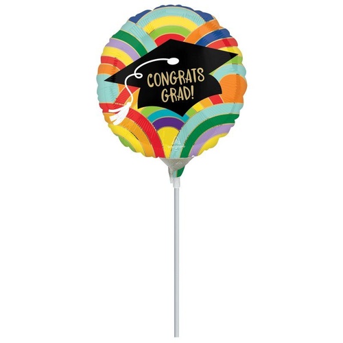 22cm Round Congrats Grad Rainbows All Around Foil Balloon #4042784AF - Each (Inflated, supplied air-filled on stick)