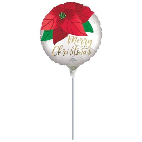 22cm Shape Satin Christmas Poinsettia Foil Balloon #4043357AF - Each (Inflated, supplied air-filled on stick)