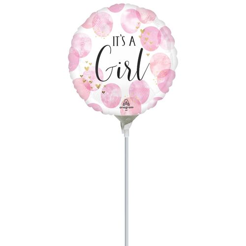 22cm Baby Girl Pink Watercolour Foil Balloon #4045694AF - Each (Inflated, supplied air-filled on stick) 