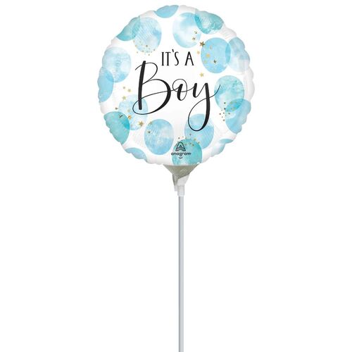 22cm Baby Boy Blue Watercolour Foil Balloon #4045695AF - Each (Inflated, supplied air-filled on stick) TEMPORARILY UNAVAILABLE