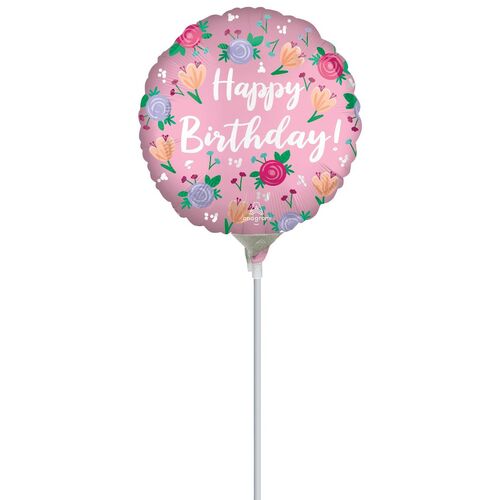 22cm Happy Birthday Satin Peony Foil Balloon #4045917AF - Each (Inflated, supplied air-filled on stick)