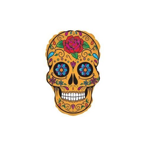 Mini Shape Sugar Skull Orange Foil Balloon #424149AF - Each (Inflated, supplied air-filled on stick)