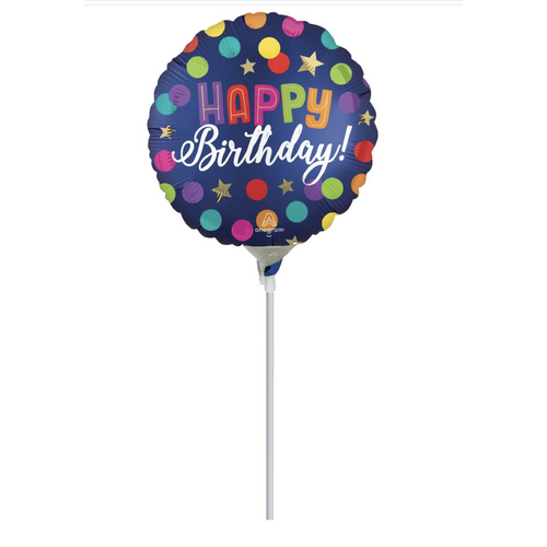 22cm Happy Birthday Blue Confetti Foil Balloon #4591909AF - Each (Inflated, supplied air-filled on stick)
