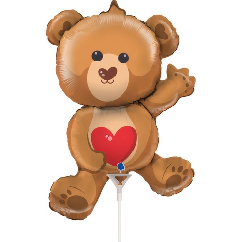 Mini Bear with Heart Foil Balloon 35cm #G72069 - Each (Inflated, supplied air-filled on stick)