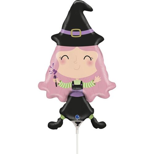 Mini Shape Lovable Witch Foil Balloon #G72172AF - Each (Inflated, supplied air-filled on stick) TEMPORARILY UNAVAILABLE 