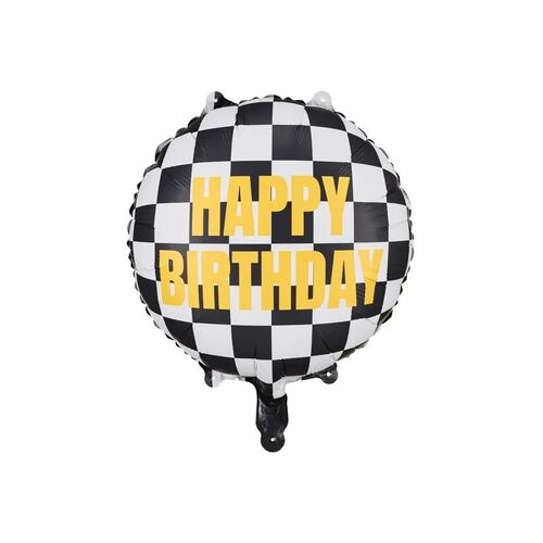 45cm Round Checkered flag Happy Birthday Foil Balloon #PDFB220 - Each (Pkgd.)