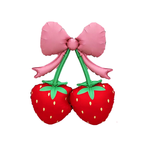 Pink Bow Strawberry Foil Balloon 50cm Air Filled Only  - #SF-STRAWB-PNK-BOW-AIR (pkgd)